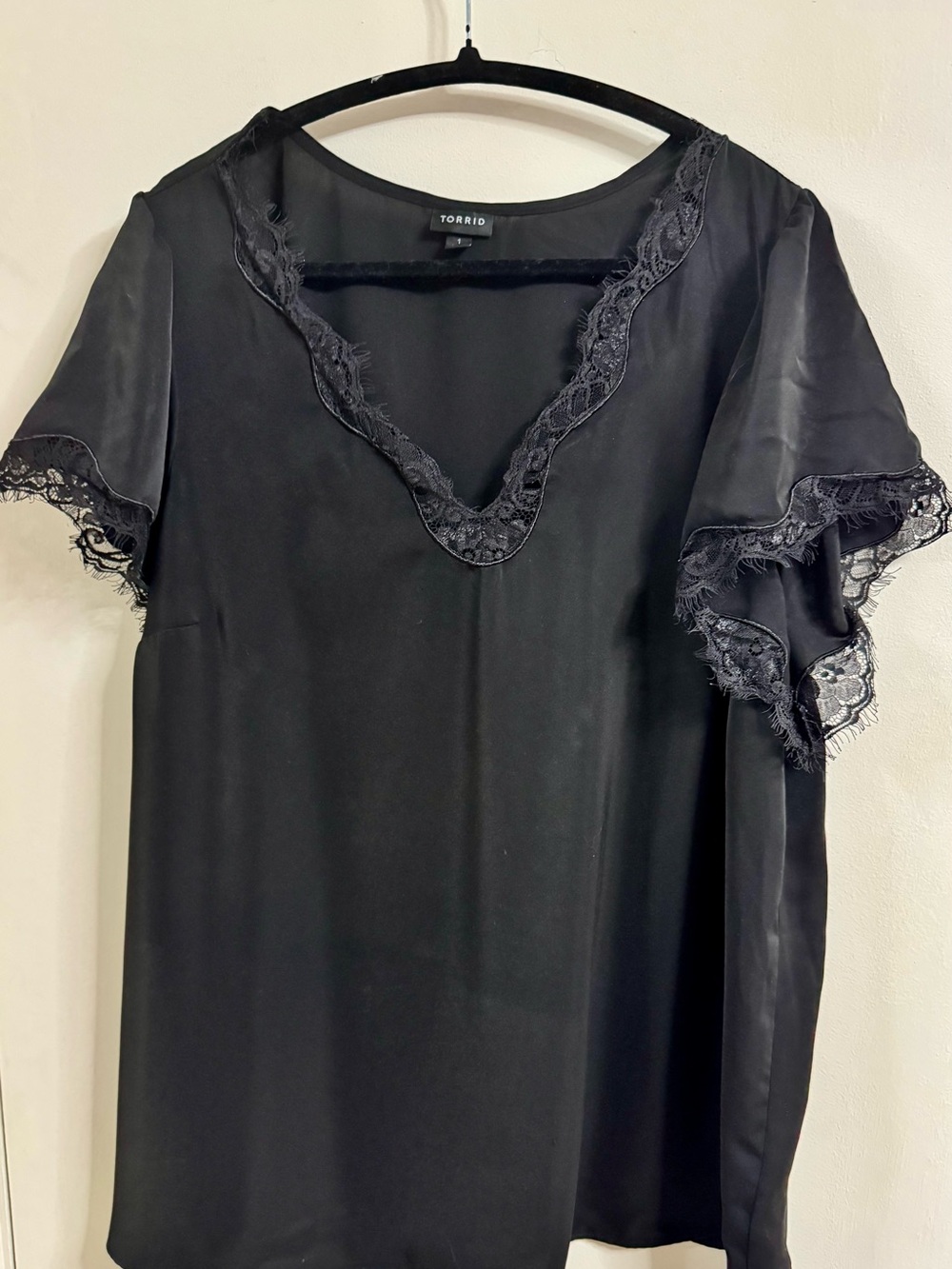 torrid Black Satin V-Neck Lace-Trim Blouse